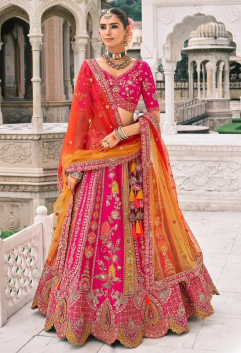 Hot Pink & Green Fancy Silk Lehenga Choli With Cut Work Embroidery Border & Stone Work